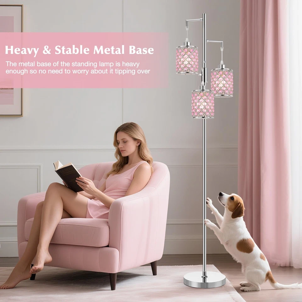 Pink Crystal Floor Lamp, 3-Light Standing Tall Lamp with Sparkling K9 Crystal... - Image 3 of 4