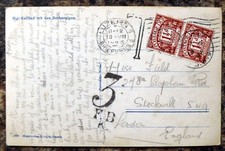 GB 1925 Postage Due 1½d Pair Fine/Used on Postcard from Switzerland FB GS831