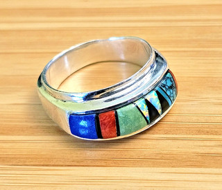 Calvin Begay Inlay Ring sz. 7.25 Turquoise Opal Onyx Coral Multi Stone Nice