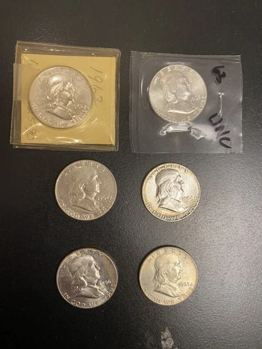Lot of 6 Franklin Halves, BU, proof like, brilliant, VF, 1962,1963,1954,1956