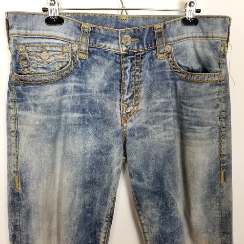 True Religion Men Geno Relaxed Slim Jeans Sz 34 Fadded Galaxy Blue Flap Pockets - Picture 3 of 8