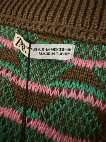 Zara Men’s V-Neck Sleeveless Knit Sweater Vest Striped Green Pink Brown S/M image 10