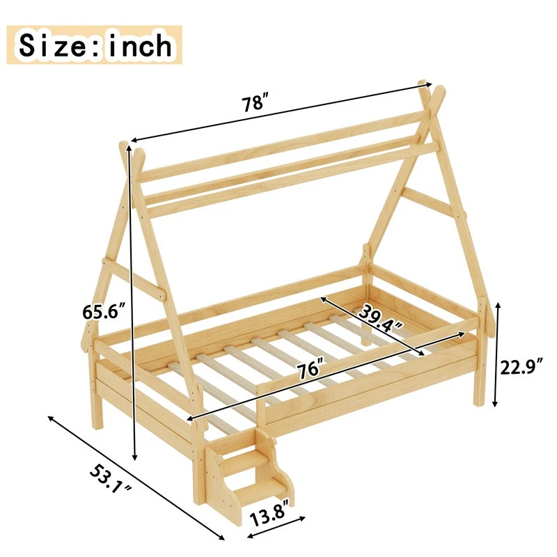 Cama con plataforma de casa de madera maciza tamaño doble con escaleras, marco de cama de bajo perfil, natural  Foto 2 de 4