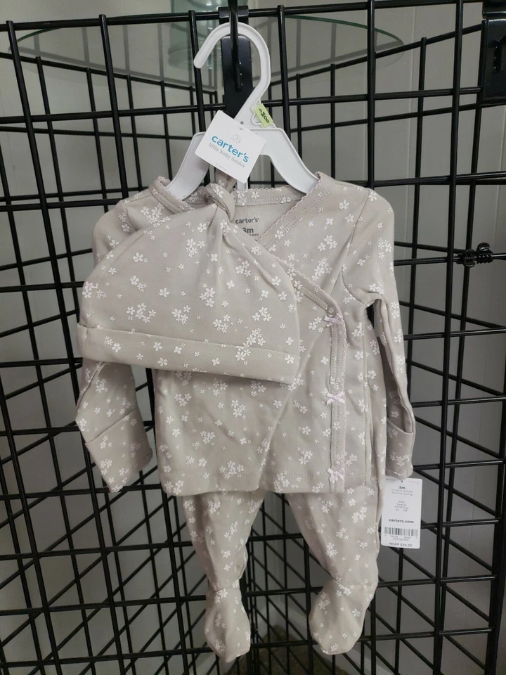 NUEVO Juego de pijama infantil Carter's niñas 3 piezas talla 3 meses pantalón camisa sombrero $26 gris Foto 2 de 4