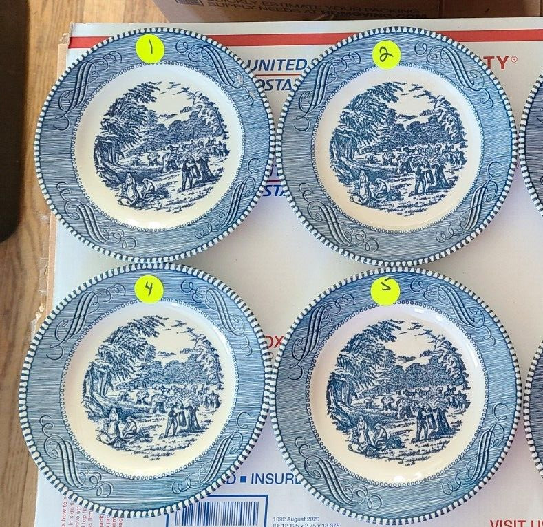 Vintage Currier & Ives Royal China BLUE Gathering Bread  Plates set 4