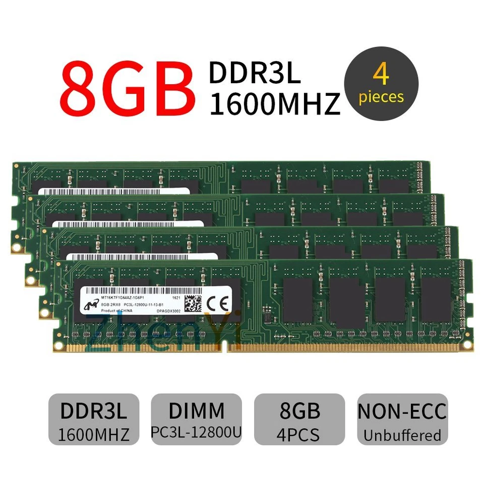 32GB 16GB 8GB DDR3L 1600MHz PC3L-12800U 1.35V DIMM Desktop Memory For Micron LOT - Image 2 of 4
