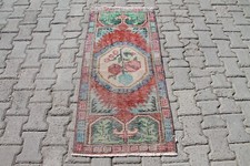 Tappeto turco Oushak 2x4 piedi: decorazione bohemien in lana rossa e verde