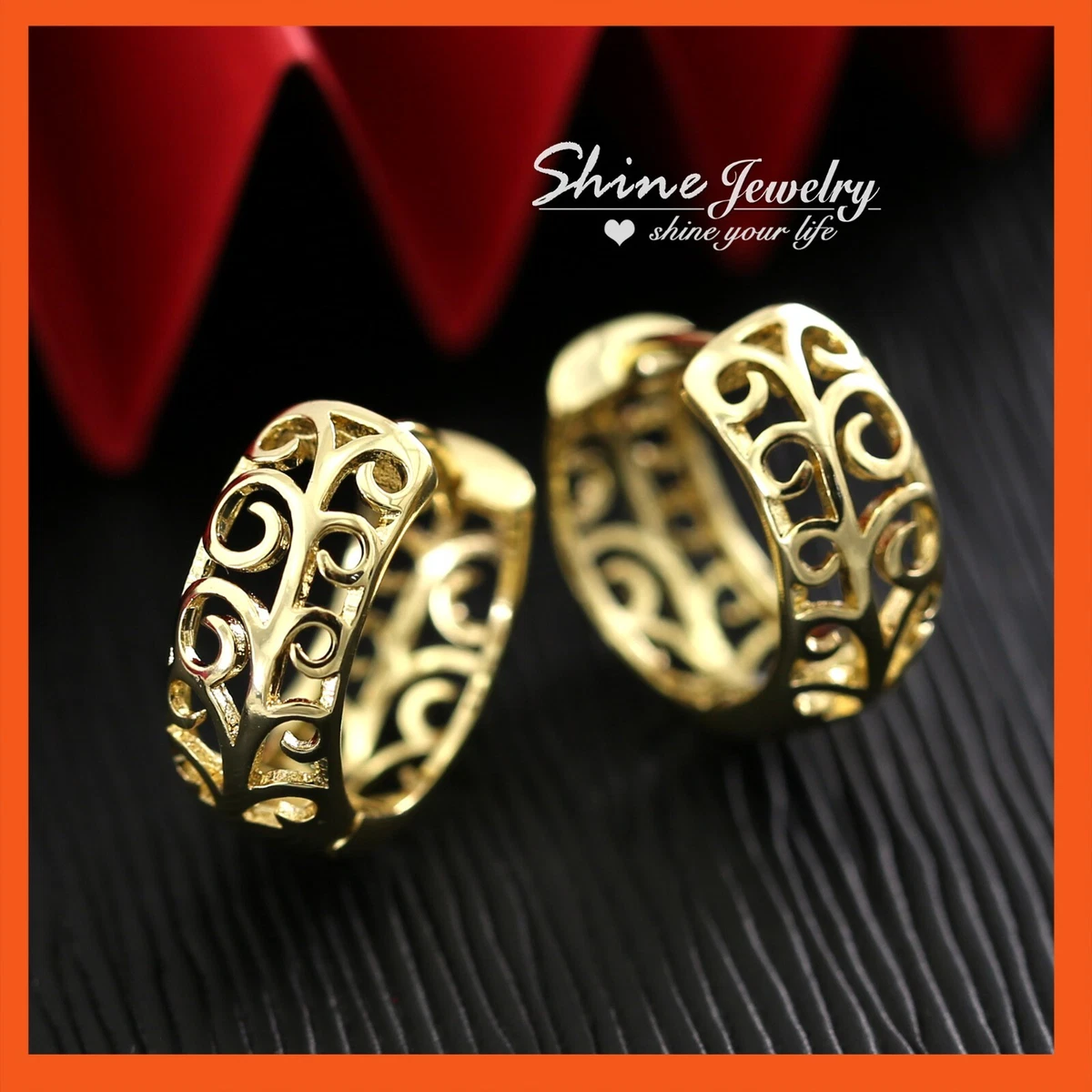 9K 9CT GOLD GF VINTAGE FILIGREE CHUNKY BAND CELTIC ROUND HOOP EARRINGS HER GIFT