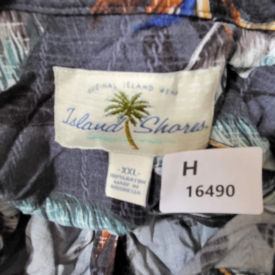Camisa con botones Island Shores para hombre 2XL gris floral cuello de palmeras hawaiano Foto 2 de 4