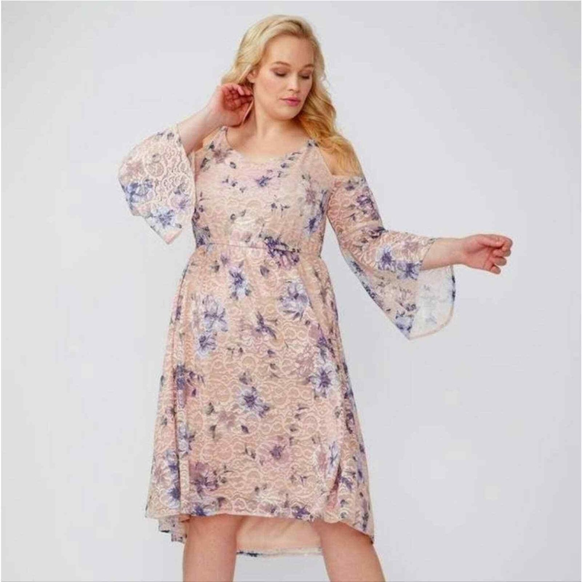 Lane Bryant Pink Floral Lace Bell Sleeves Cold Shoulder Dress Size 28