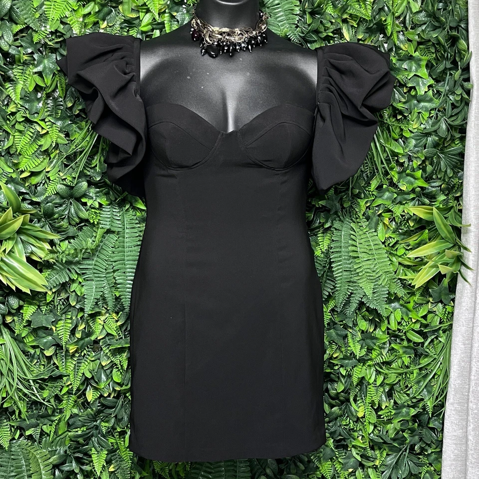 ZARA Dress Large Black Puff Sleeve Women Ruffled Cocktail Statement Mini  2468 - Image 2 of 4