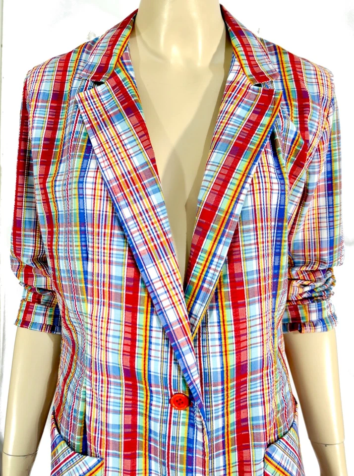 Vintage 70s Mod Hippy Cotton Blend Candy Plaid Red Button Blazer L XL - Image 4 of 4