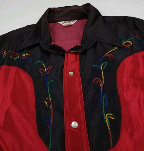 Vintage 70s 80s Silky Shiny Poly Western Cowboy Shirt Floral Chainstitch Rare - Picture 3 of 8
