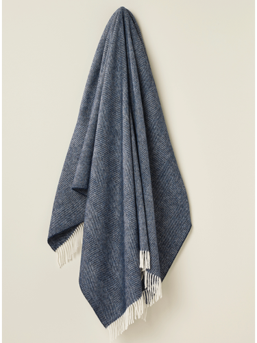 New Bronte by Moon Navy Blue Herringbone 100% Pure New Wool Throw Blanket - Picture 3 of 4