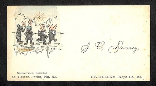 Native Sons Golden West (NSGW) St. Helena, CA J. A. Downey Calling Card Bears