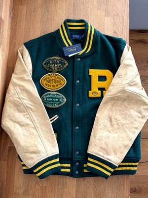 Polo Ralph Lauren Varsity Letterman Jacke XL Grün Wolle Leder Champs Fußball
