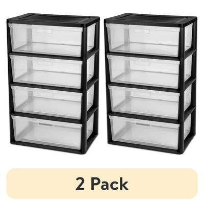 (2 pack) Sterilite Wide 4 Drawer Tower, Easy Assembly, No Tools Needed, Black
