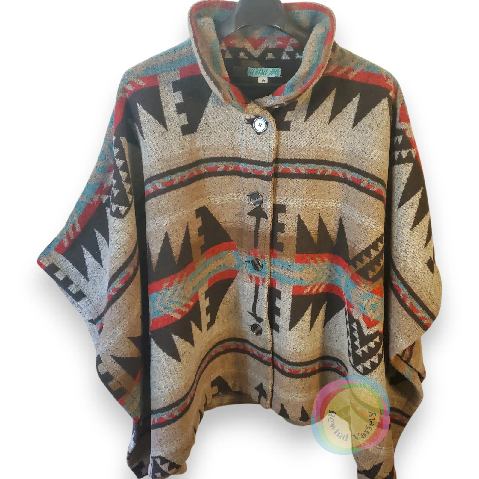 Anna-Be Native American Print Poncho Medium Button Front Southwestern Turquoise
Opens in a new windo