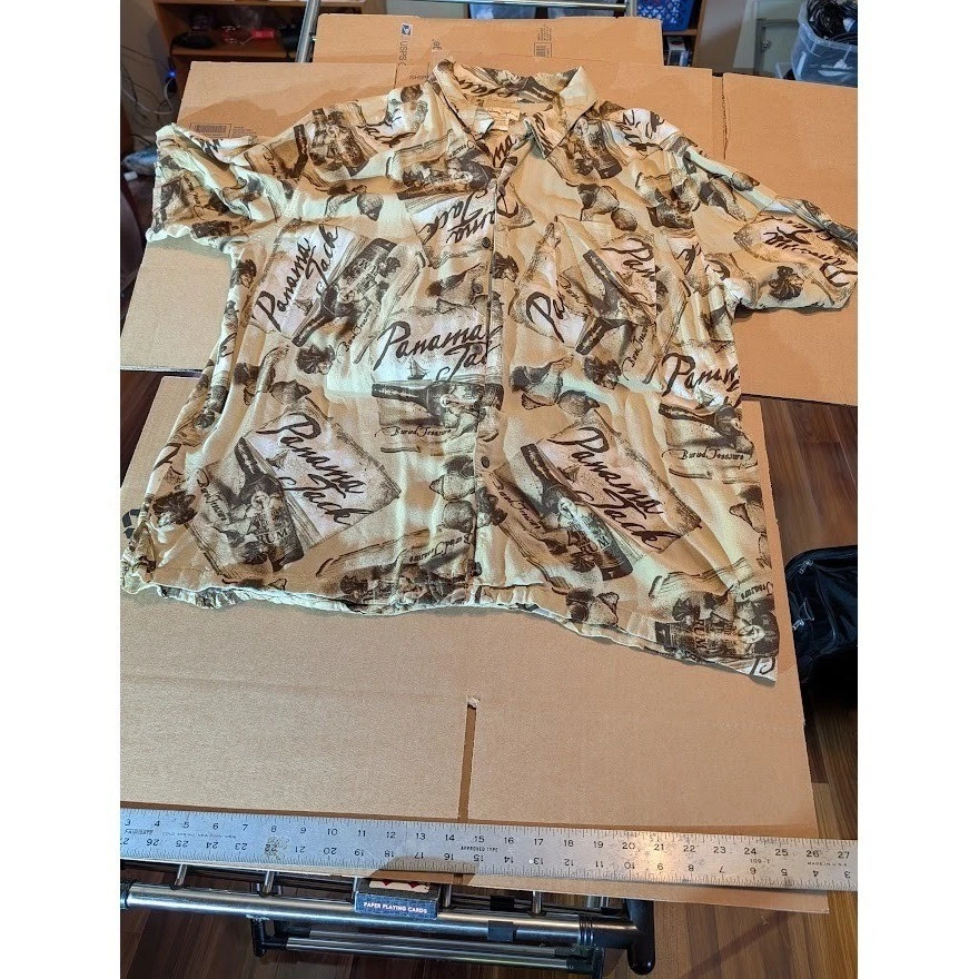 Panama Jack Rum Buried Treasure Men's XXL Tan Tropical Rayon Aloha Shirt Used