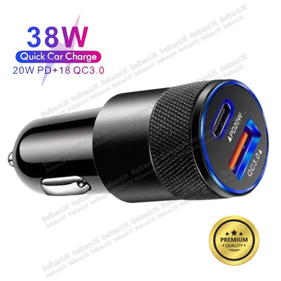 38W 12V USB C Car Phone Fast Charger Plug PD/QC USB A Adapter Cigarette Lighter