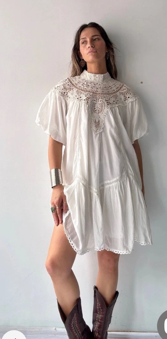 white lace dress anthropologie Anthropologie Farm Rio Devore White Lace Midi Dress V-Neck Flutter Sleeve Small