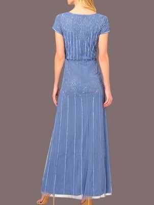 $199 Adrianna Papell Beaded Short-Sleeve Sheer-Overlay Gown Size: 10 French  Blue | eBay
