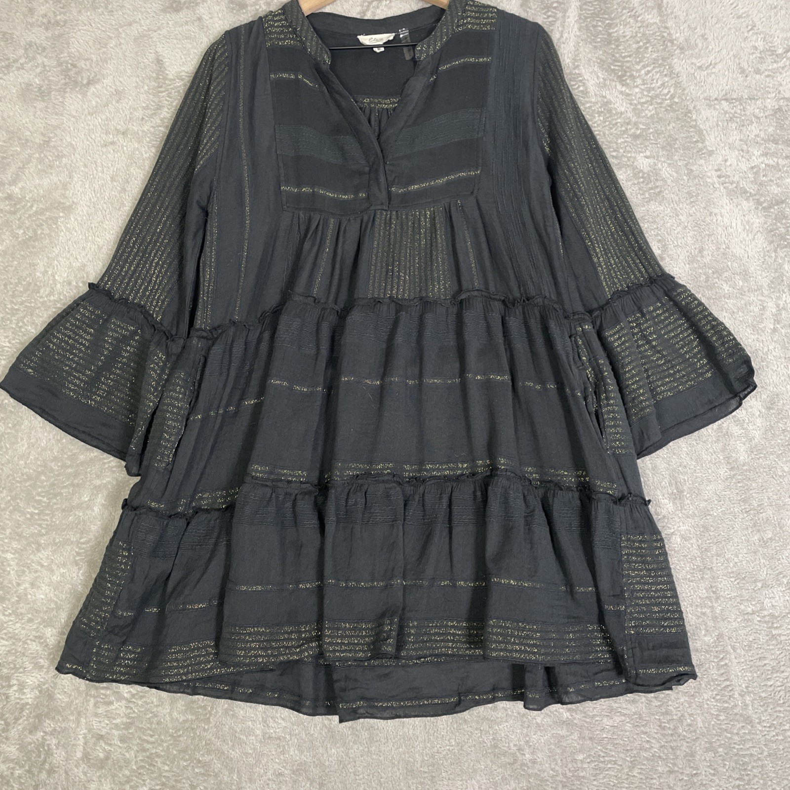 Elan Sauvie Dress Woman Medium Black Metallic Gold Pockets Tiered Bell Sleeve