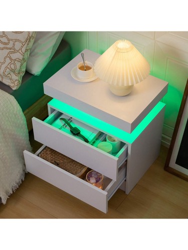 Modern LED Nightstand Bedside Table with 2 Wood Drawers Bedroom Side Table light - Picture 7 of 20