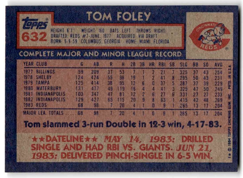 1984 Topps Tom Foley Rookie Cincinnati Reds #632 | eBay