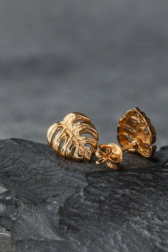 Monstera Blatt Ohrstecker - 925 Rosegold Vergoldete Exotische Blätter Ohrringe - Picture 6 of 10