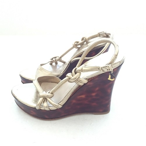 Auth CHRISTIAN DIOR Summer Art D Sanda 10 Tortoiseshell Gold Wedge Sandals 38 - 第 3/12 張圖片