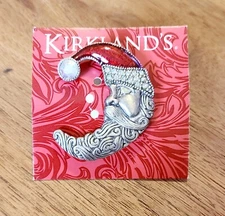 Santa Cresent Half Moon Brooch Red Hat Rhinestones Silvertone