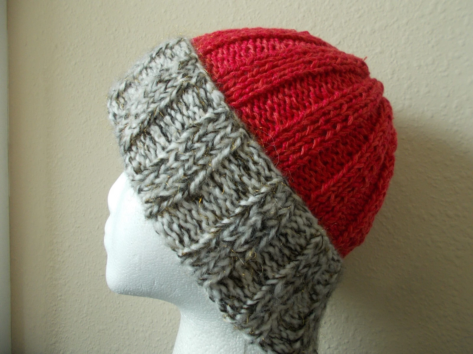 Hand knitted cozy and warm beanie/hat, red + off white/black twist