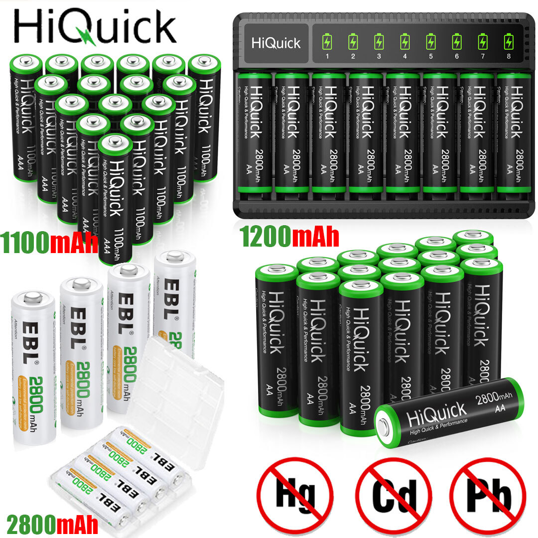 HiQuick AAA AA Rechargeable Batteries 1100/2800mAh Ni-MH with Charger Set-image