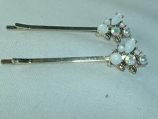 FAUX PEARL AB RHINESTONE WHITE BEAD BOBBY PINS UP DO HAIR ACCESSORY SET OF 2