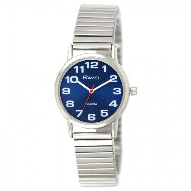 RAVEL LADIES BOLD CLEAR FACE NAVY EXPANDER BRACELET WATCH