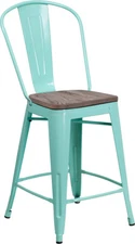24" Industrial Mint Green Metal Counter Height Restaurant Stool with Wood Seat