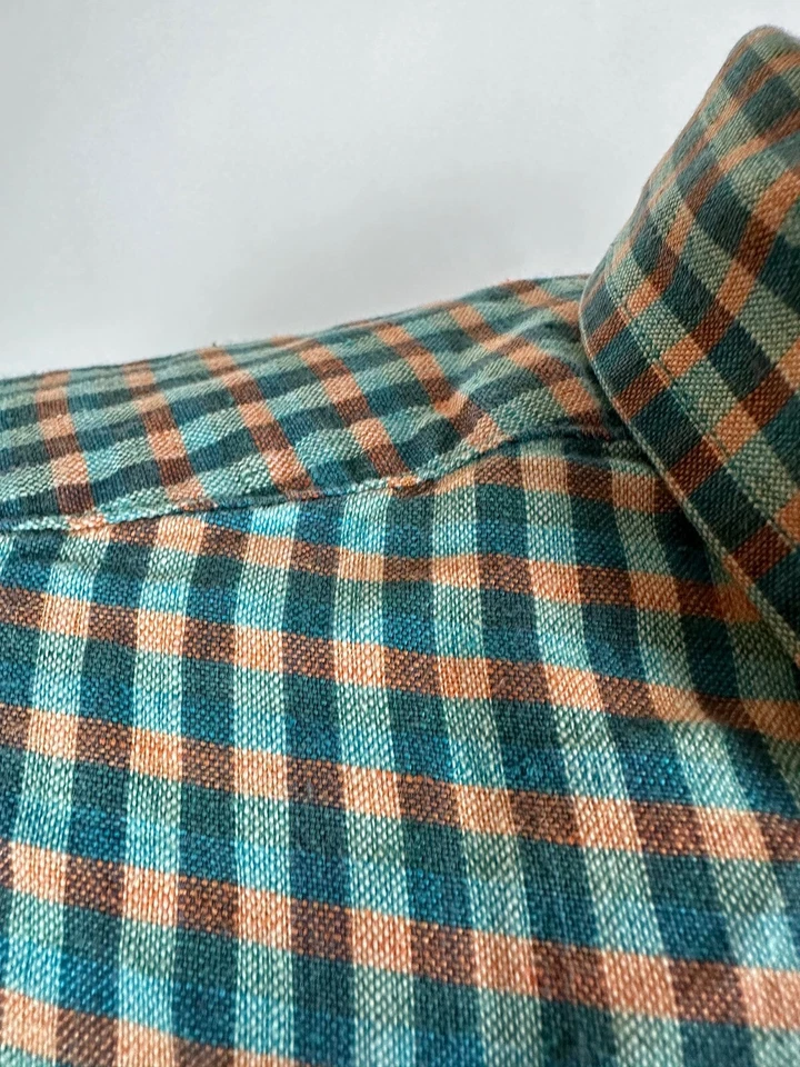 Vintage 90s Trader Bay Linen Blend Shirt XL Short Sleeve Button Down Teal Check - Image 2 of 4