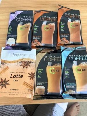 Chike High Protein Iced Coffee Sampler Pack, 6 Packs Plus A  Jet Pack Chai Latte