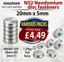 N52 Neodymium Fasteners 20mm x 5mm Strong Rare Earth Disc Round Craft Magnet