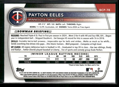 2025 Bowman #BCP-78 Payton Eeles Chrome Prospects Minnesota Twins - Picture 2 of 2