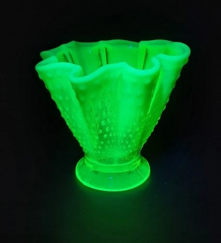 Fenton Topaz Vaseline Hobnail  Opalescent  Hankerchief Vase Flawless Condition.