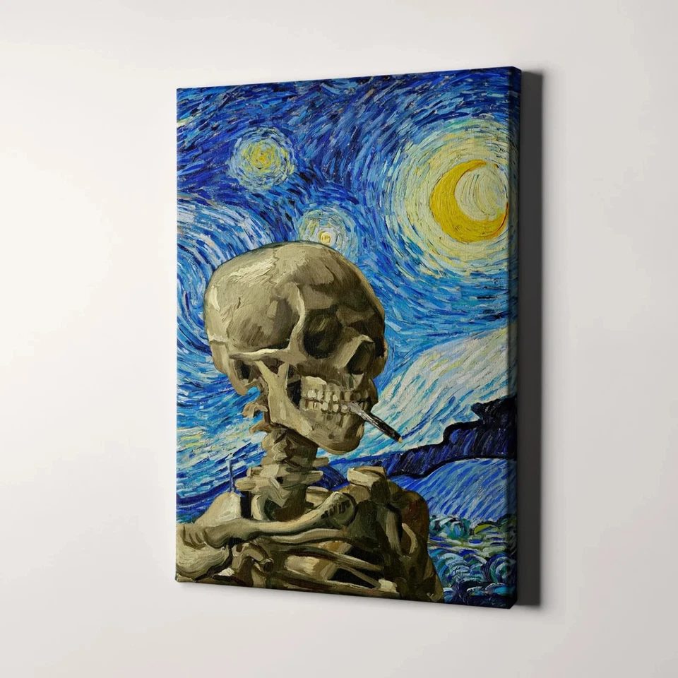 Arte de pared con impresión en lienzo Vincent Van Gogh noche estrellada y esqueleto fumar Foto 2 de 4