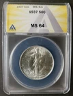 1937 50c Walking Liberty Silver Half Dollar ANACS MS64