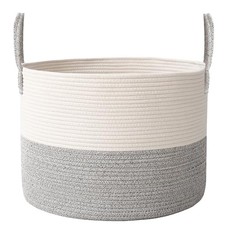 Extra Large Blanket Basket for Living Room - Woven Cotton Rope 115L White Grey