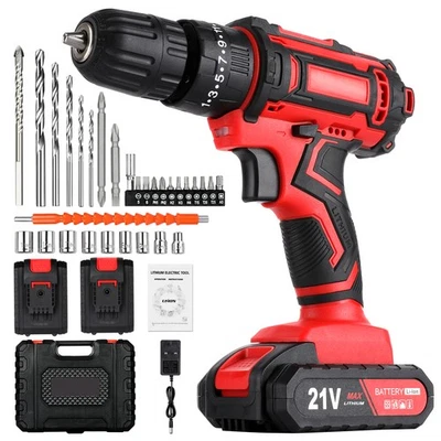 21V Cordless Hammer Drill Set Electric Impact Driver Screwdriver + 2 Battery