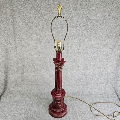 Vintage Red Corinthian Column Table Lamp Lady Figure Brass Acanthus Finial