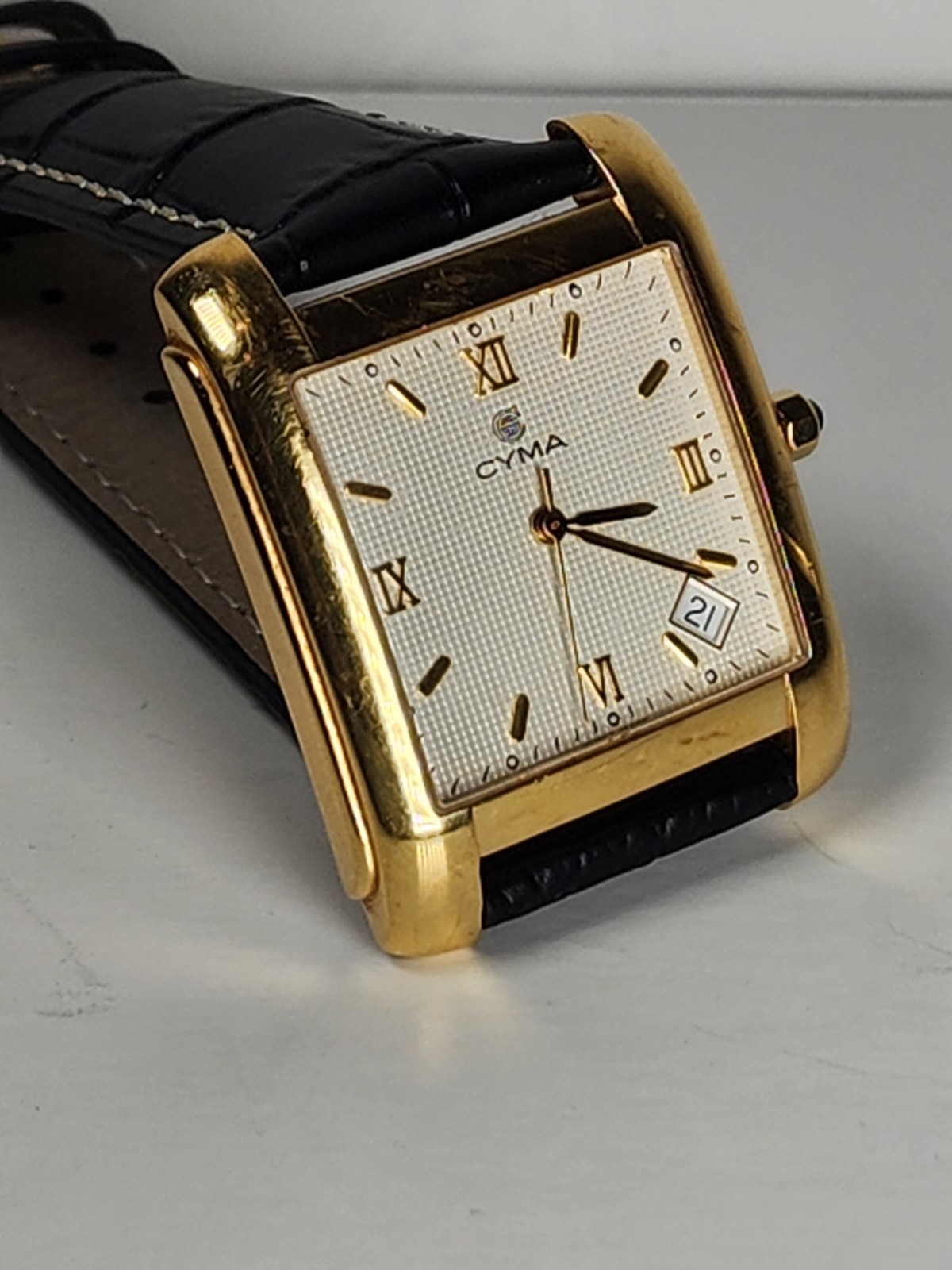 Cyma14k Solid Gold Rectangular Tank Watch & Date … - image 2
