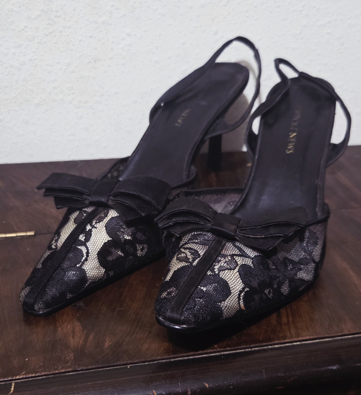 Vintage Fioni Night Black tan lace open toe sling back heels With bow size 9