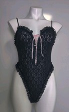 Vintage Lady Cameo Dallas Black Stretch Lace Teddy Thong Pink Bow Med USA